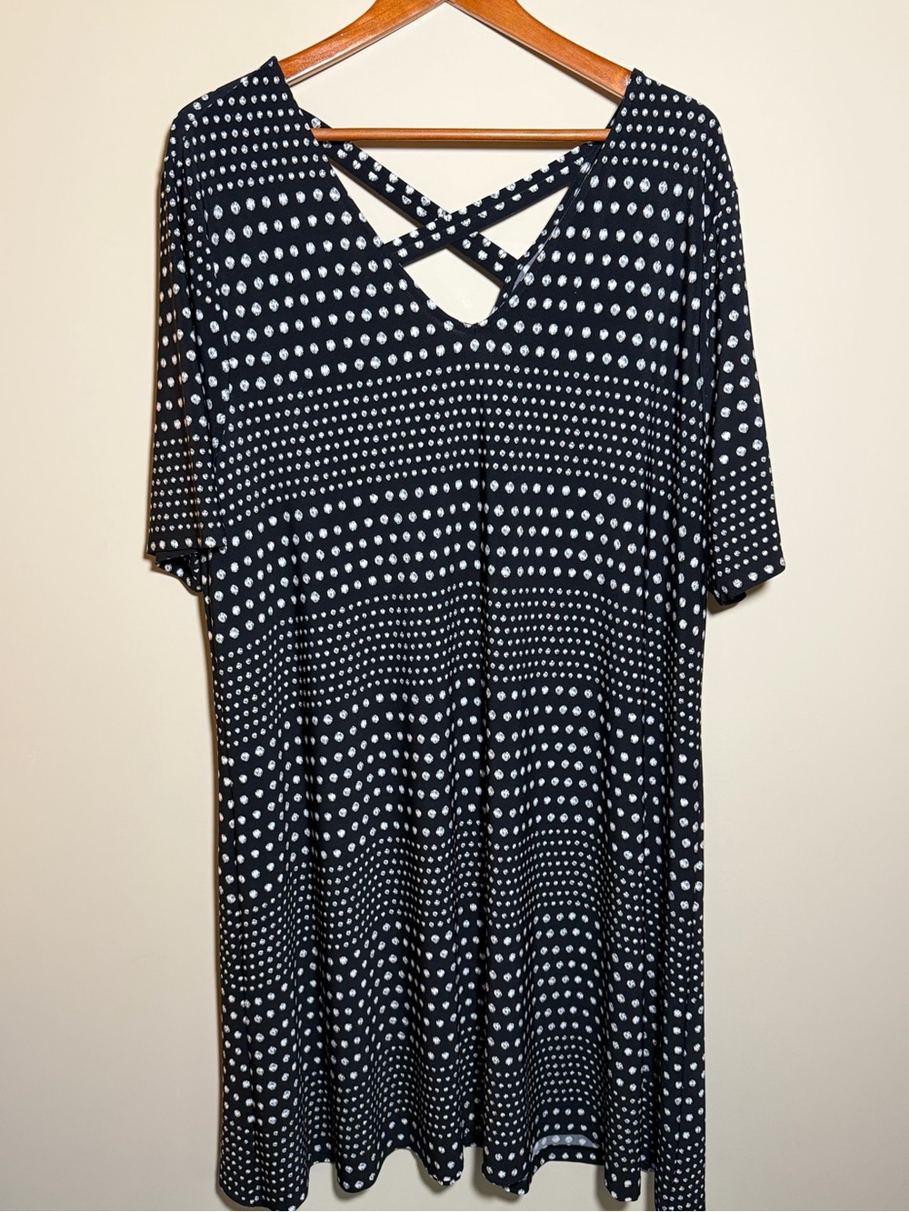 Chico’s Size 4 Polka Dot A-Line Dress Black White Criss Cross Neck Stretch